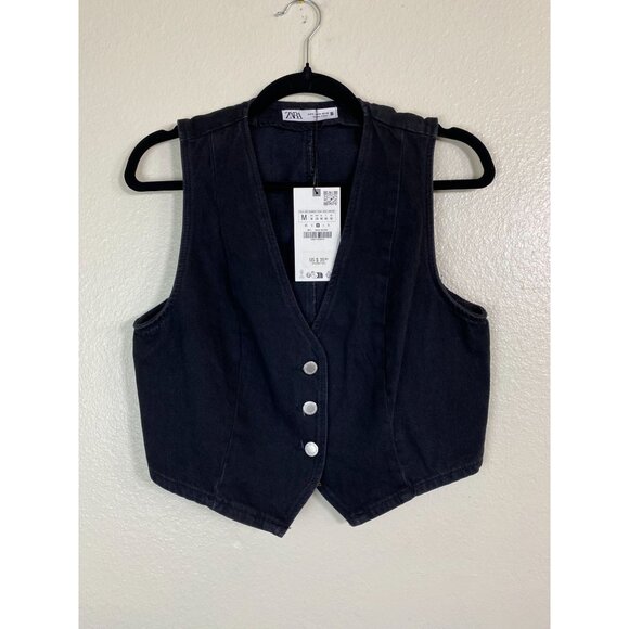 Zara Jackets & Blazers - New zara Black Denim Buttoned Vest Top Women Size Medium Cotton Capsule